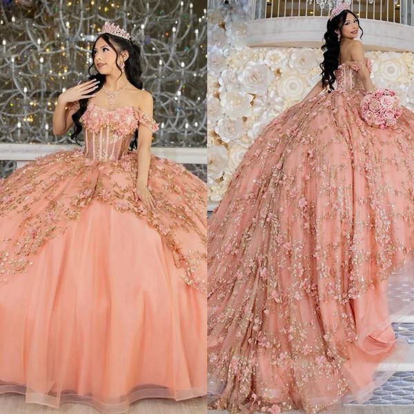 Coral Pink princesa vestidos de quinceañera vestido de bola fuera del hombro apliques vestido de quinceañera Tulle Corset Sweet 15 Masquerade Dress