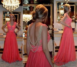Coral Prom Dresses Met Pearls Kralen 2017 Kant Applique Open Back Avondjurken Chiffon Floor Lengte Formele Party Pageant Jurken