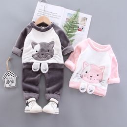 Coral Velvet Children Pyjama's herfst en winterkleding flanel verdikt jongensmeisjes thuiskleding set kat dieren print kleding sets 21yq h1