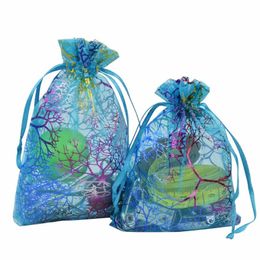 Sacs cadeaux en organza coralline, pochettes d'emballage de bijoux à cordon de serrage, sacs de faveur de mariage, sac de bonbons transparent avec dorure Patt324Z