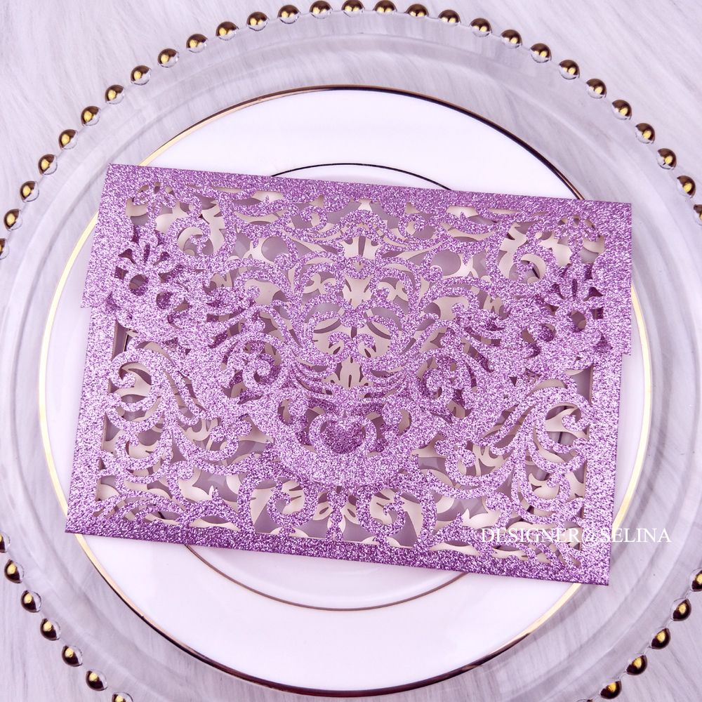 Cordially Invitant - mariage Glitter Purple Pocket Invitations pleine Laser Cut Invitation pour Quinceanera anniversaire cartes de vœux