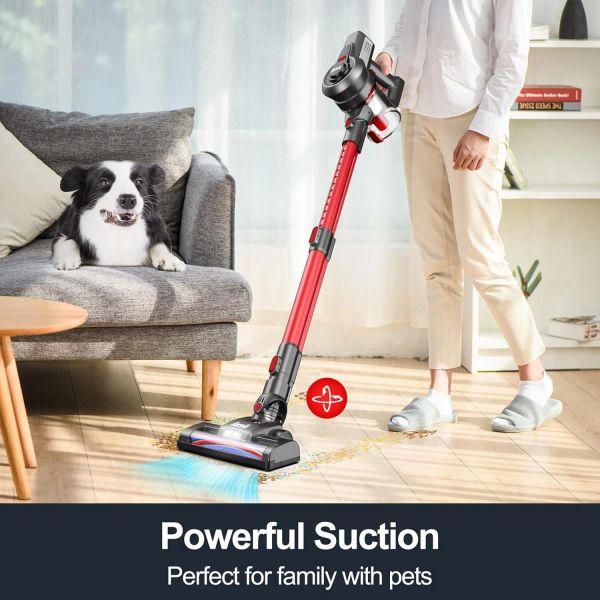 Aspirateur sans fil, aspirateur rechargeable, puissant aspirateur balai 2200 mAh jusqu'à 45 minutes d'autonomie pour tapis de sol dur, poils d'animaux --- N650 rouge