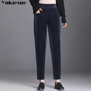 Velours côtelé sarouel automne hiver épais chaud polaire femmes taille élastique décontracté noir pantalon pantalon femme grande taille 210608