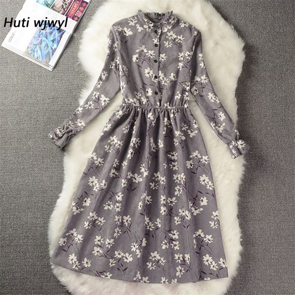 Velours côtelé taille haute élastique Vintage robe automne hiver femmes manches longues Floral robe mi-longue moulante fête Sexy Vestido 25 couleurs 210309