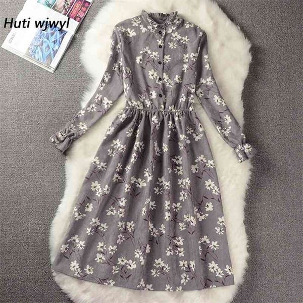 Velours côtelé taille haute élastique Vintage robe automne hiver femmes manches longues Floral robe mi-longue moulante fête Sexy Vestido 25 couleurs 210325