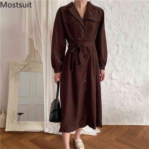 Corduroy Korean Single-Breasted Long Trench Dress Herfst Mouw Gekleed Kraag Graaid Jurken Vintage Dames Vestidos 210513