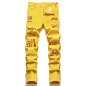 Velours côtelé lettre broderie Jeans automne hiver Slim jaune Stretch hommes pantalons décontractés Jean Homme pantalons Hombre coton Denim pantalon