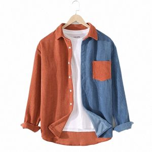Corduroy Mannen Shirt Casual Patchwork Revers Turn Down Butt Lg Mouw Streetwear Leisure Luxe Kleding 2023 x1Ft #