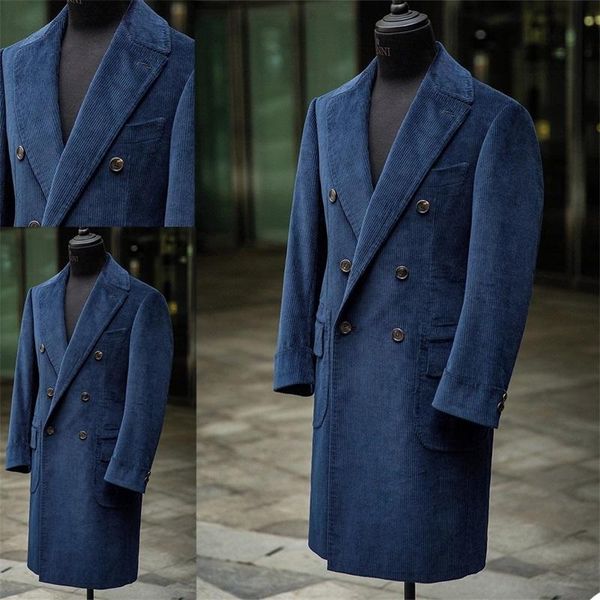 Cord-Herrenanzüge, Marineblau, maßgeschneidert, formelle Passform, zweireihig, Smoking, spitzes Revers, Blazer, Business, langer Mantel, Herren-Blazer