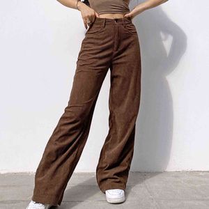 Pantalon en velours côtelé Femmes Vintage 90s Indie Streetwear Adolescent Skater Girl Style Baggy Mode Taille Haute Pantalon Marron 211124
