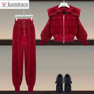 Corduroy set women's spring/summer 2023 new polo neck ultra-thin jacket high waisted casual pants two-piece set for women's clothing 240129