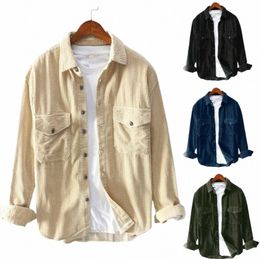 Camisas de pana para hombre LG manga gruesa chaquetas de cordón retro con cuello tops casual suelta capa superior o13l #