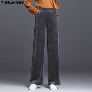Velours côtelé streetwear automne rayé femmes pantalons femme taille haute jambe large capris pour femmes pantalon femme grande taille 210608
