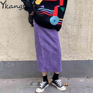 Corduroy Vintage Ourple Winter Long Skirt Womens Elegant Split Potlood S Harajuku Koreaanse stijl Zwart Hoge Taille Midi 210421