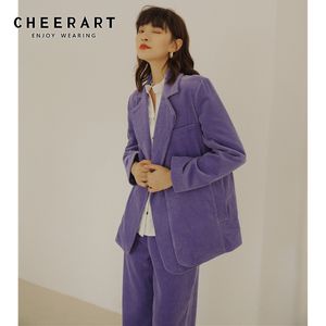 Corduroy Womens Suits Blazer With Pants Purple 2 Stuk Sets Fall Outfits Suit Top en Koreaanse Mode 210427