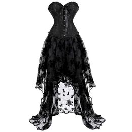 Corset jurk rok set tutu kanten sexy overbust corsets voor vrouwen gothique plus size kostuum burlesque corselet victoriaans zwart 220524