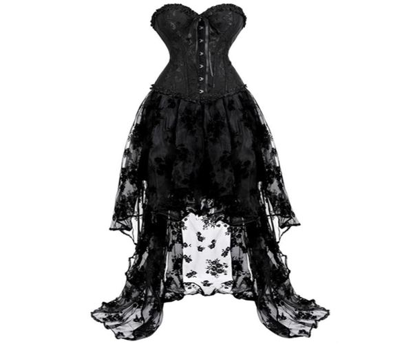 Corset robe jupe ensemble Tutu dentelle Sexy Overbust Corsets pour femmes Gothique grande taille Costume Burlesque Corselet victorien noir 2207085907