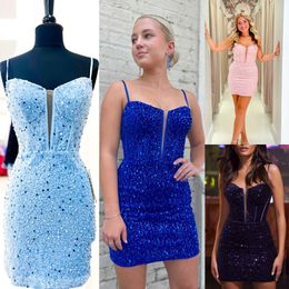 Corset Homecoming Dress 2k24 Ajusté Court Prom Pageant Cocktail Formelle Soirée Piste Black-Tie Gala Invité De Mariage Hoco Robe Royal Bleu Ciel Rose Velours Paillettes