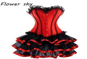 Corset dentelle jupe Sexy femmes Corset et Bustier Burlesque robe de soirée robe gothique Sexy dentelle taille formateur rouge Set2836937