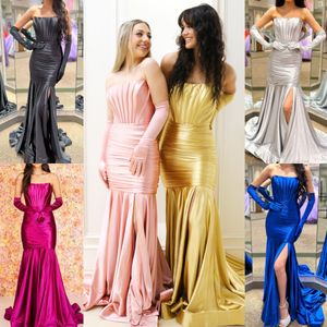 Korset Galajurk 2k24 met handschoenen Strapless Rekbaar Satijn Dame Optocht Winter Formele avond Cocktailparty Hoco Galajurk Sherri Ruches Hoge split Goud Zilver