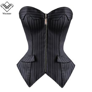 Corset Corsets et bustiers sexy Burlesque Corset à rayures noires avec jupe fermeture éclair à lacets Corsages Corselet sexy grande taille S-6XL299q