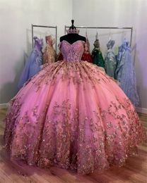 Corset brillant fleurs Appliques rose épaules dénudées robes De Quinceanera robe De bal robe De princesse robes De Quinceanera