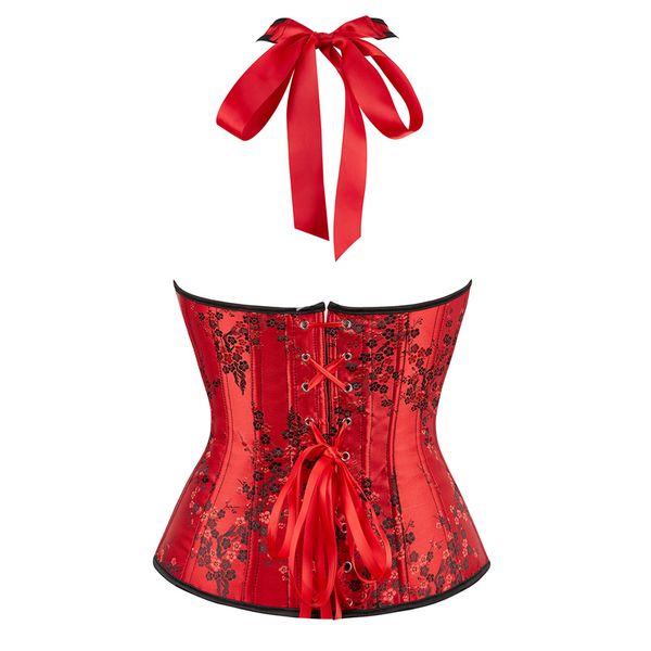 Corset Top Bustier Strap licou plus taille broderie fleur lacet up overbust burlesque costume lingerie sexy femme rouge noir