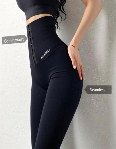 Corset taille Yoga pantalon élasticité sans couture jambières d'exercices sport femmes Fitness Gym Leggings course collants d'entraînement2568305
