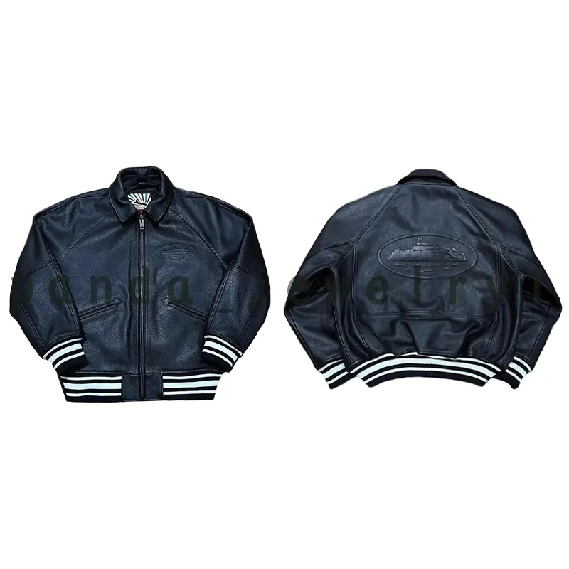 Corteiz Veste En Cuir Véritable Veste Alcatraz Grand Logo Veste Chaude Revers De Haute Qualité