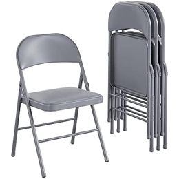 Chaise pliante en métal rembourrée en vinyle de qualité supérieure, paquet de 4 à double renfort, gris