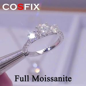 Cosfix Luxury 3 Stone Full Ring for Women Double Halo Ring S925 Silvertated 18K Lab Gemaakte diamanten trouwring 240509