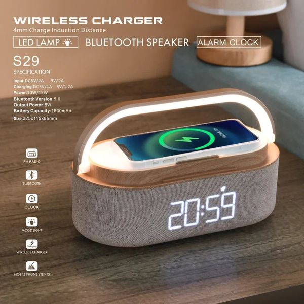 COSLUR S29 haut-parleur Bluetooth 2500Mah batterie prend en charge 15W charge sans fil horloge numérique affichage veilleuse alarme 231228