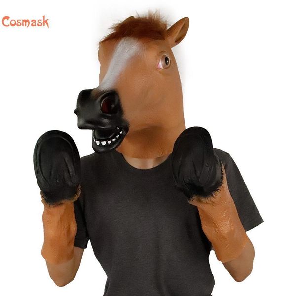 Cosmask Brown Horsehead Cosplay Halloween Horseshoe Costume Latex Horreur Full Face Horse Headgear Party Masque 201026