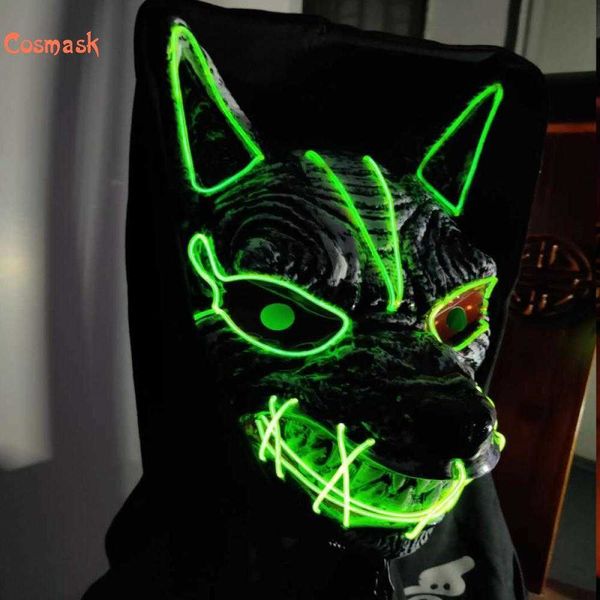 COSMASK Halloween LED Streamer fiesta completa cabeza de lobo cara de fantasma Horror resplandor máscara de PVC