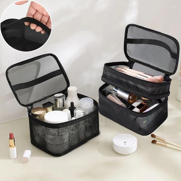 Bolsas de cosméticos de 1/2 capas para mujer, bolso de malla, organizador de maquillaje, Kit de aseo de viaje portátil, bolsa transparente, regalos de baño