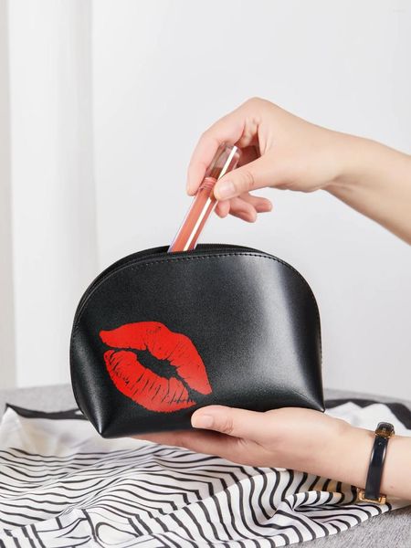 Bolsas cosméticas 1 unids grande negro PU cuero rojo patrón de labios Makrup bolsa de viaje pincel de maquillaje caja de lápiz labial cambio pur