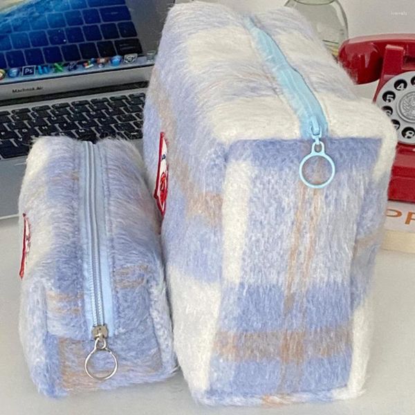 Sacs à cosmétiques 2 pièces trousse de toilette avec fermeture à glissière organisateur de maquillage rangement étui à carreaux crayon pour femmes et filles