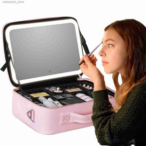 Sacs de cosmétiques 2024 Nouveau sac de maquillage à LED intelligent avec miroir avec compartiments Étui cosmétique de voyage en cuir PU étanche pour les femmes L49