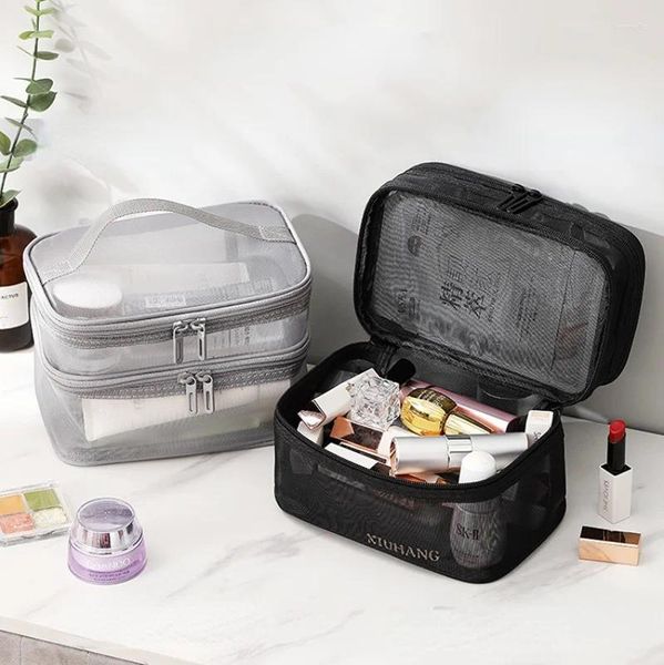 Sacs à cosmétiques 2024 Maille transparente pour femmes Idéal pour les cosmétiques Kit de maquillage et de toilette Voyage Ventes Succès Maquillage Organisateur Sac