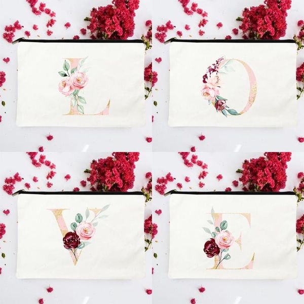 Bolsas de cosméticos 26 Estuche de maquillaje con estampado de flores y letras Estuche organizador de artículos de tocador de viaje Lona Harajuku Caja de bolsa de lápiz labial