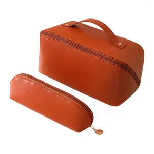 Sacs à cosmétiques 2pcs poignée de transport sac de maquillage avec fermeture à glissière cadeaux clés portables imperméable multifonctionnel brun cuir PU voyage toilette