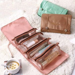 Bolsas de cosméticos 4 en 1 para mujer, bolsa de maquillaje, estuche de malla, organizador de artículos de tocador de viaje portátil, cepillos con cremallera de belleza, almacenamiento de lápiz labial