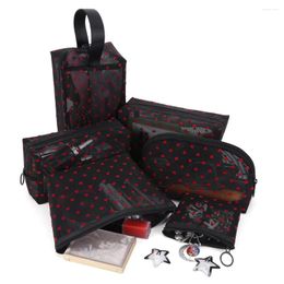 Sacs à cosmétiques 6pcs coeur maille sac fermeture éclair trousse de maquillage de toilette portable multifonctionnel femmes rouge à lèvres clé sac à main femme