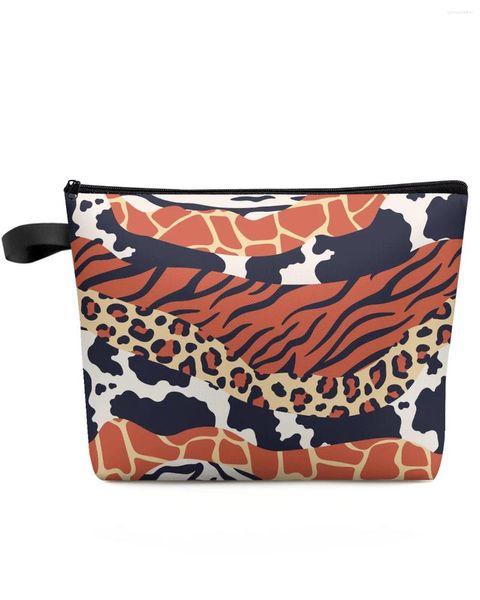 Bolsas de cosméticos con textura de piel de Animal, bolsa de maquillaje, artículos básicos de viaje, organizador de inodoro para mujer, estuche de almacenamiento para niños