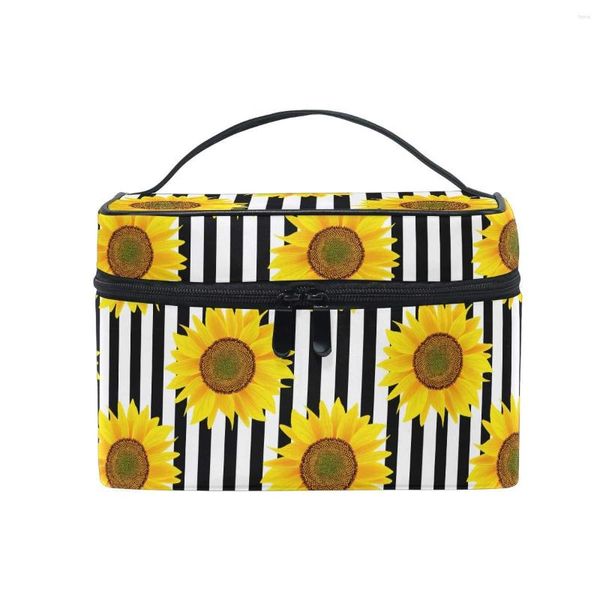 Sacs à cosmétiques sac tournesols rayé voyage étui à maquillage à compartiments Portable Train pour femmes filles