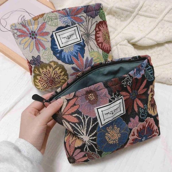 Bolsas de cosméticos de gran tamaño para mujer, bolso de tela estilo bohemio Floral bohemio elegante, estuche organizador de kits de maquillaje azteca gitano de viaje a la moda