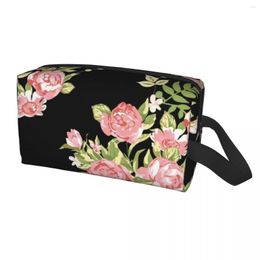 Sacs à cosmétiques noir et rose Floral sac de voyage pour femmes rouge Rose fleurs maquillage toilette organisateur dame beauté stockage Dopp Kit