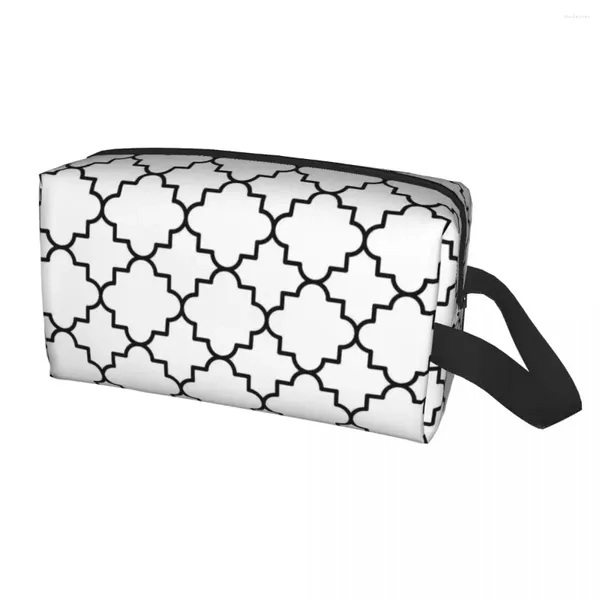 Bolsas de cosméticos para mujer, bolsa de maquillaje de Quatrefoil marroquí en blanco y negro, organizador de viaje, artículos de tocador bohemios y africanos