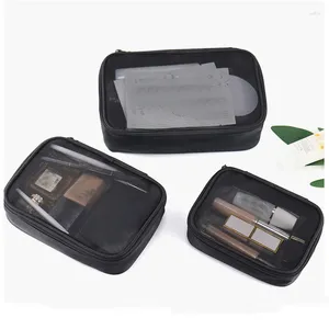 Bolsas de cosméticos de malla negra para mujer, Neceser de viaje, kit de aseo, organizador de maquillaje transparente, bolsa de lavado, maquillaje pequeño y grande