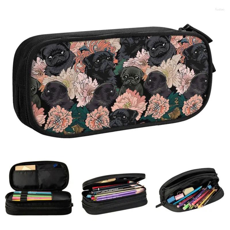 Cosmetic Bags Black Pug Flower Pencil Cases Dog Pen Holder Bag For Student Large Storage Students School Gifts Pencilcases